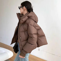 Damen Kurze Steppjacke mit Hohem Stehkragen Frontreißverschluss und Gesteppten Bahnen - Braun
