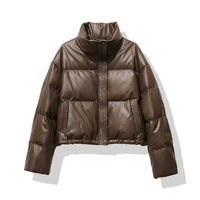Damen Kurze Steppjacke mit Stehkragen Druckknopfleiste und Eingrifftaschen - Braun