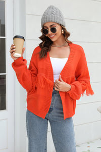 Damen Kurze Strickjacke mit Offener Front Fransenbesatz an den Ärmeln und Rippstrick Muster - Orange