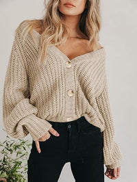 Damen Kurze Strickjacke mit V-Ausschnitt Knopfleiste und Langen Ärmeln - Beige