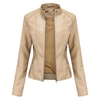 Katharina | Damen Kurze Taillierte Kunstleder Bikerjacke mit Reißverschluss - Beige
