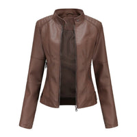 Katharina | Damen Kurze Taillierte Kunstleder Bikerjacke mit Reißverschluss - Braun