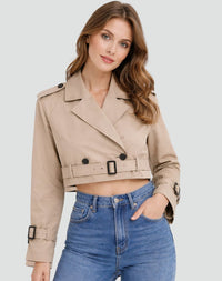 Amelie | Damen Kurzer Taillierter Trench Coat Doppelreihig Gürteljacke - Khaki