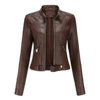 Hannah | Damen Kurzgeschnittene Biker Kunstleder Jacke mit Reißverschluss - Braun