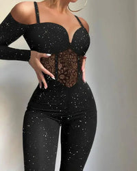 Damen Langärmliger Glitzer-Jumpsuit mit Herzausschnitt Spitzeneinsatz und Cold-Shoulder-Ärmeln - Schwarz