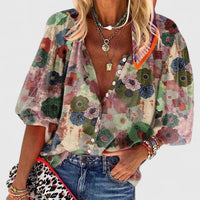 Annika | Damen Langarm-Bluse mit floralem Allover-Print und V-Ausschnitt - Grün
