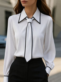 Frieda | Damen Langarm-Bluse mit Krawatten-Detail Kontrastkragen Knopfleiste - Weiß