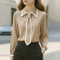 Frieda | Damen Langarm-Bluse mit Krawatten-Detail Kontrastkragen Knopfleiste - Beige