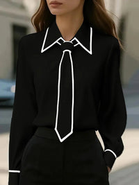 Frieda | Damen Langarm-Bluse mit Krawatten-Detail Kontrastkragen Knopfleiste - Schwarz