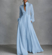 Sophie | Damen Langarm Maxikleid Fließendes Hemdblusenkleid mit Stehkragen - Hellblau