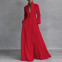 Sophie | Damen Langarm Maxikleid Fließendes Hemdblusenkleid mit Stehkragen - Rot