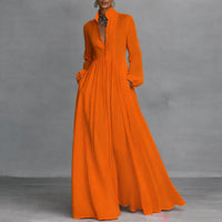 Sophie | Damen Langarm Maxikleid Fließendes Hemdblusenkleid mit Stehkragen - Orange