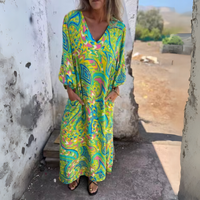 Damen Langarm Maxikleid mit V-Dekolleté und gemusterter Oberfläche - Gelb mit Muster
