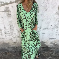 Damen Langarm Maxikleid mit V-Dekolleté und gemusterter Oberfläche - Grün mit Leopardenmuster