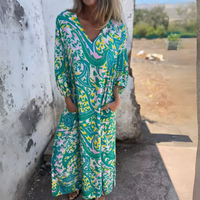 Damen Langarm Maxikleid mit V-Dekolleté und gemusterter Oberfläche - Grün mit Muster