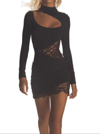 Damen Langarm Mini Kleid mit Cut-Out und Spitzendetails - Schwarz