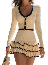 Damen Langarm Mini Kleid mit Knopfleiste und Rippstruktur - Beige