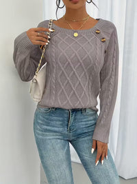 Damen Langarm Pullover mit Rundhalsausschnitt und Zopfmuster mit dekorativen Knöpfen - Rosébraun