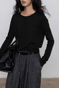 Damen Langarm Strickjacke mit Rundkragen und durchgehender Knopfleiste - Schwarz