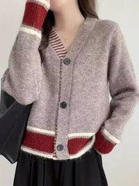 Damen Langarm Strickjacke mit V-Ausschnitt und Drei-Knopf-Leiste in melierter Oberfläche - Mauve