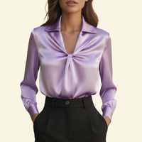 Damen Langarmbluse mit Kragen und drapiertem Frontdetail - Lila