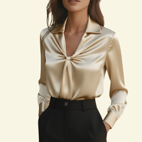 Damen Langarmbluse mit Kragen und drapiertem Frontdetail - Beige