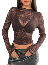 Damen Langarmshirt aus Spitze mit Stehkragen - Schokoladenbraun