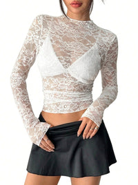 Damen Langarmshirt aus Spitze mit Stehkragen - Weiß