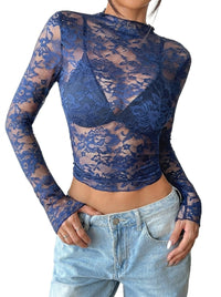 Damen Langarmshirt aus Spitze mit Stehkragen - Dunkelblau