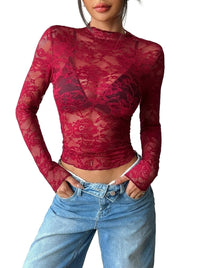 Damen Langarmshirt aus Spitze mit Stehkragen - Bordeaux