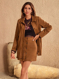 Damen Lange Jacke und Minirock Set mit Hemdkragen und Knopfleiste - Karamell