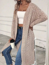 Damen Lange Offene Strickjacke mit Seitenschlitzen und Durchbrochenem Strickmuster - Khaki