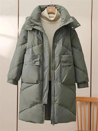 Damen Lange Steppjacke mit Stehkragen Verdecktem Reißverschluss Pattentaschen und Langen Ärmeln - Grau
