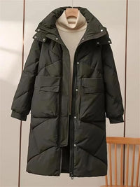 Damen Lange Steppjacke mit Stehkragen Verdecktem Reißverschluss Pattentaschen und Langen Ärmeln - Schwarz