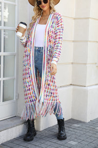 Damen Lange Strickjacke mit Offener Front Fransenabschluss und Mehrfarbigem Muster - Weiß