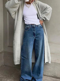 Damen Lange Strickjacke mit Offener Front und Pile Oberfläche - Hellgrau