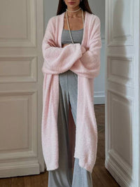 Damen Lange Strickjacke mit Offener Front und Pile Oberfläche - Rosa