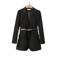 Damen Langer Blazer mit Gürtel und Reverskragen - Schwarz
