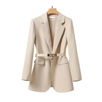 Damen Langer Blazer mit Gürtel und Reverskragen - Beige
