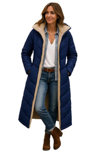 Damen Langer Steppmantel mit Kapuze und Innenfutter - Marineblau