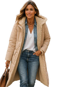 Damen Langer Steppmantel mit Kapuze und Innenfutter - Beige