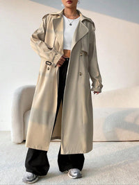 Damen Langer Trenchcoat mit Gürtel und Doppelter Knopfreihe - Khaki