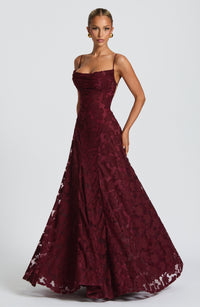 Damen Maxikleid mit Wasserfallausschnitt Spaghettiträgern Blumenmuster und Schnürung am Rücken - Bordeauxrot