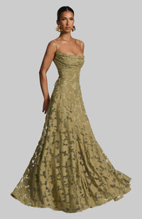 Damen Maxikleid mit Wasserfallausschnitt Spaghettiträgern Blumenmuster und Schnürung am Rücken - Olivgrün
