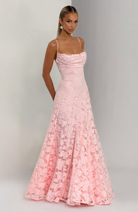Damen Maxikleid mit Wasserfallausschnitt Spaghettiträgern Blumenmuster und Schnürung am Rücken - Rosa
