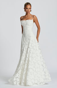 Damen Maxikleid mit Wasserfallausschnitt Spaghettiträgern Blumenmuster und Schnürung am Rücken - Weiß