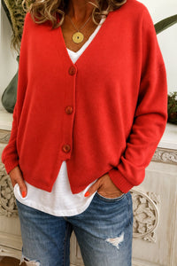 Frieda | Damen Leichter V-Ausschnitt Geknöpfter Oversized Cardigan - Rot