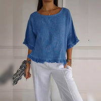 Luisa | Damen Leinen-Bluse mit Rüschenabschluss und Halbarm - Blau