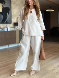 Hannah | Damen Leinen-Tunika Palazzo-Hosen Set Lässiges Zweiteiler-Outfit - Weiß