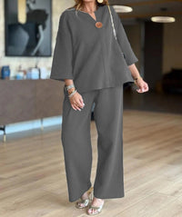 Hannah | Damen Leinen-Tunika Palazzo-Hosen Set Lässiges Zweiteiler-Outfit - Grau